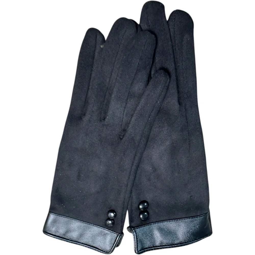 Black Faux Leather‎ Trim Gloves Fleece Lined Womens Size Medium Touchscreen